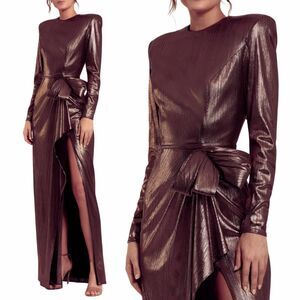 Mac Duggal 27206 Size 2 Metallic Chocolate Brown Long Sleeve Bow Gown Maxi Dress